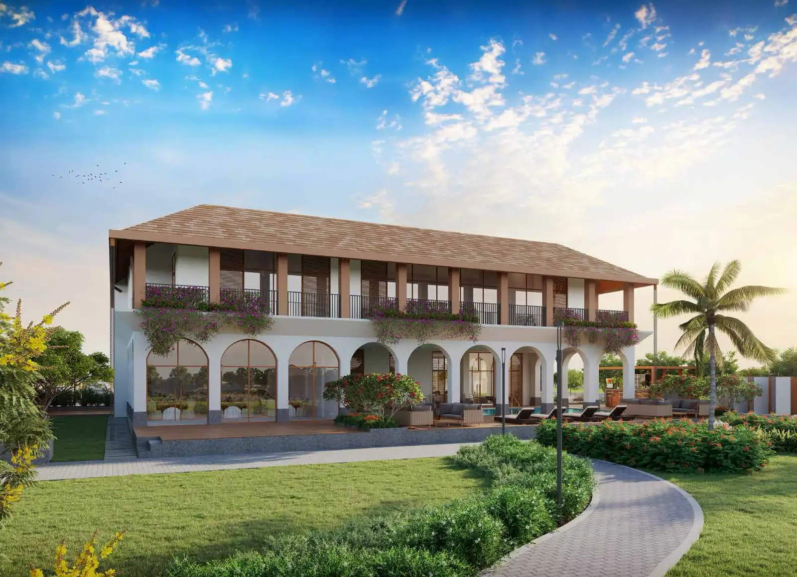 Artist's impression of The Verdania Enclave clubhouse at Godrej Verdania Estate, Indore, with arched colonnades overlooking the landscaped grounds