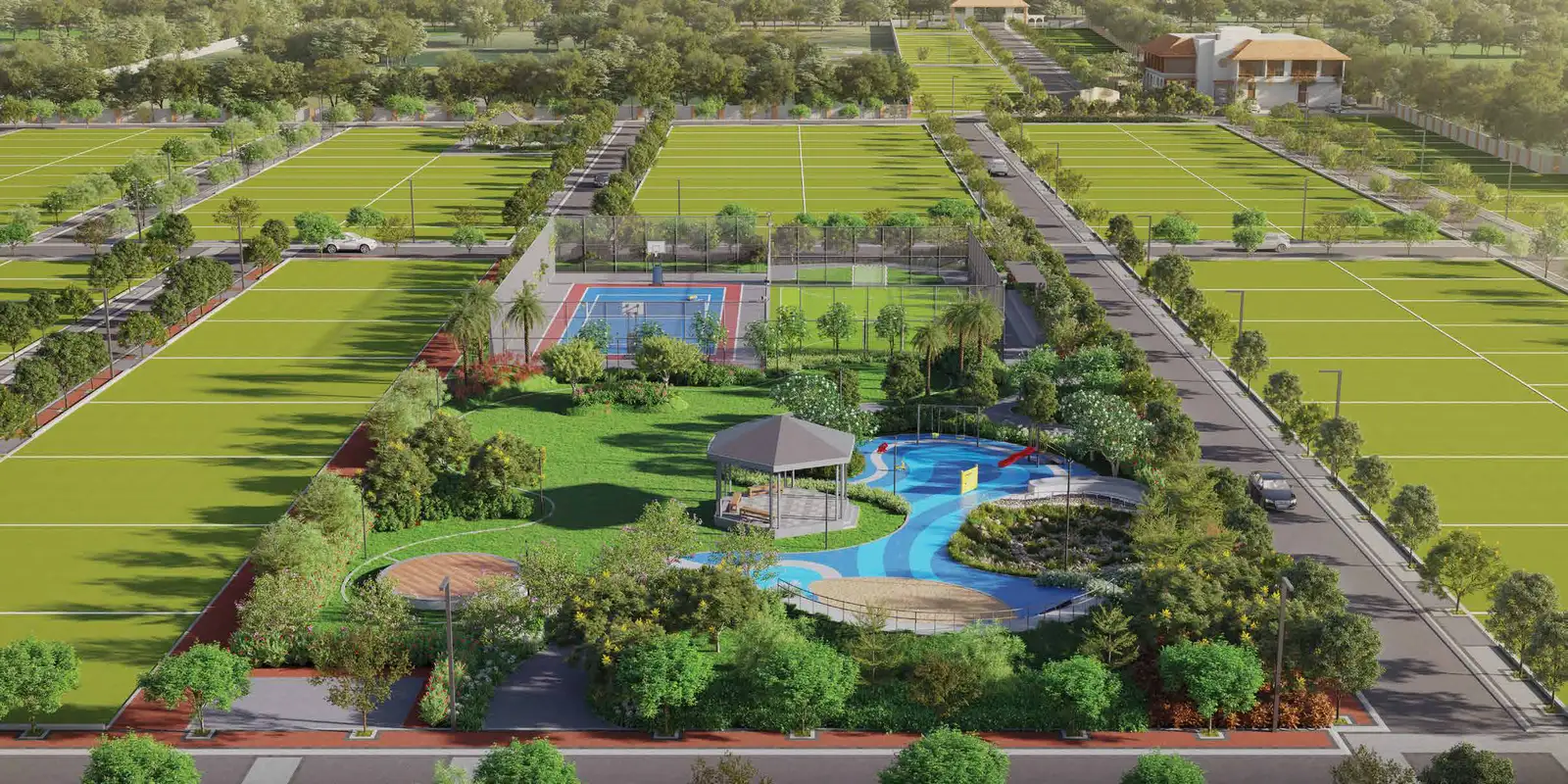Aerial artist's impression of Godrej Verdania Estate, Indore, showing the landscaped central garden spine running through the plotted layout