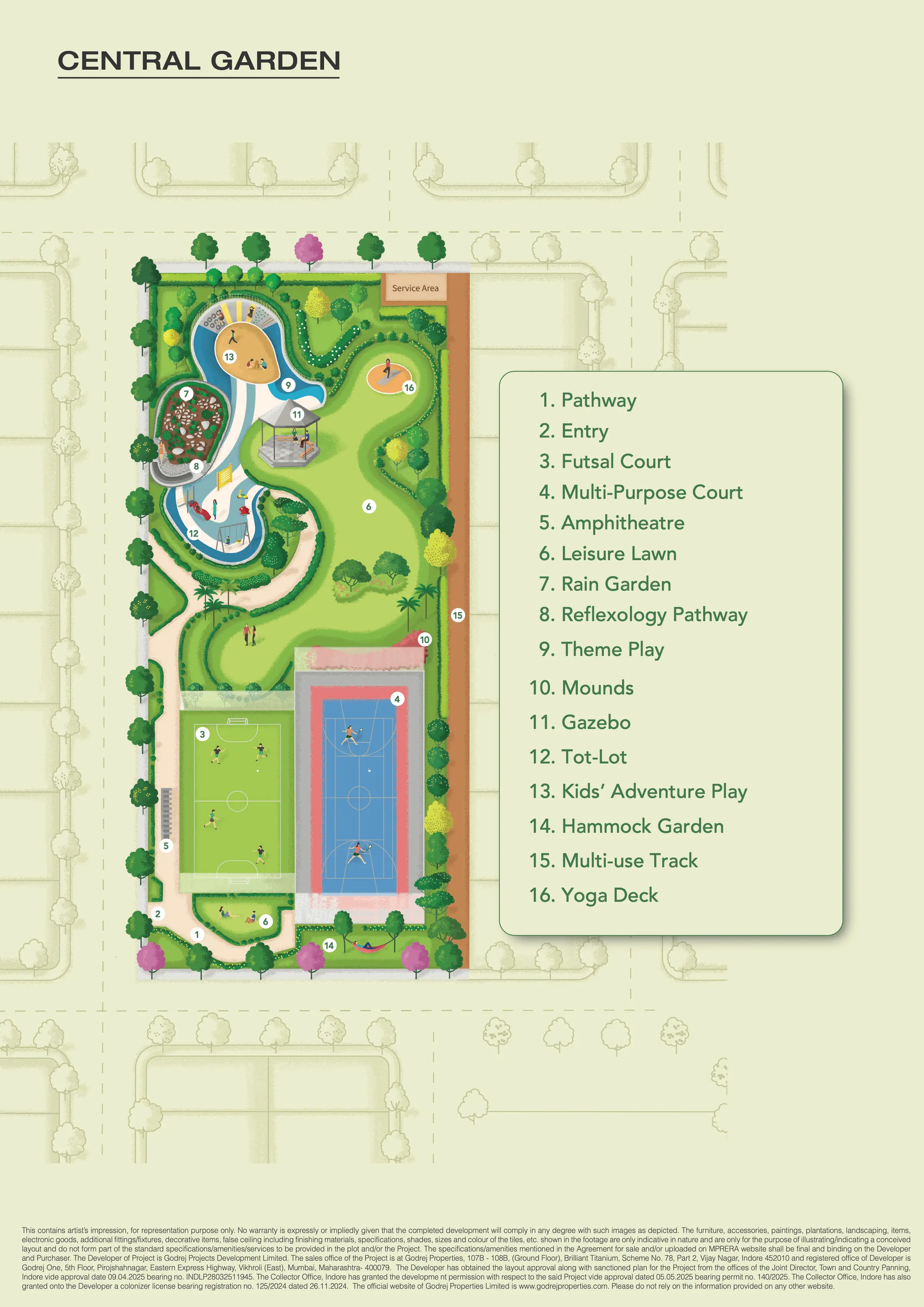 Central Garden landscape plan at Godrej Verdania Estate, Indore, with futsal court, amphitheatre and yoga deck numbered